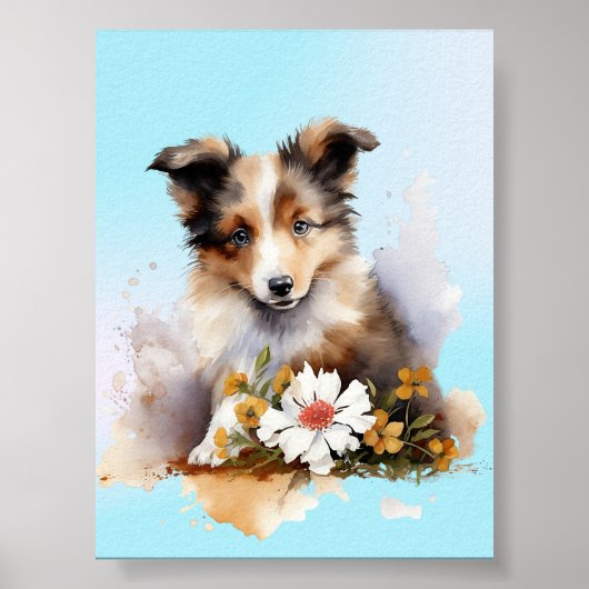シェトランド・シープドッグの子犬 ペット 水彩 花 ポスター (正面)