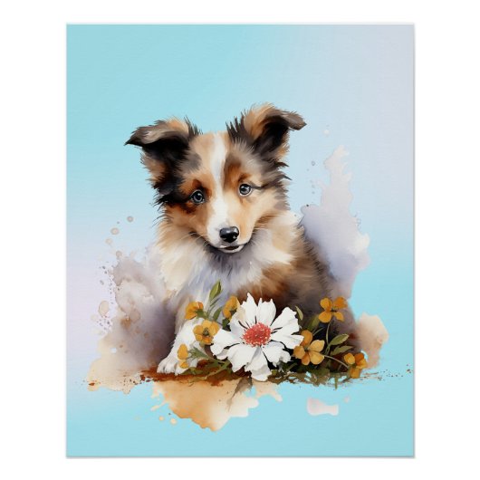 シェトランド・シープドッグの子犬 ペット 水彩 花 ポスター (正面)