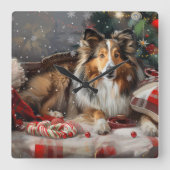 シェトランド・シープドッグ クリスマス スクエア壁時計 (正面)