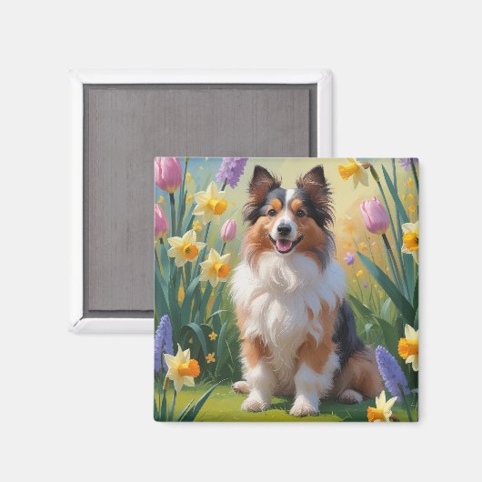 シェトランド・シープドッグ 春の花の絵画 マグネット (正面/裏面)
