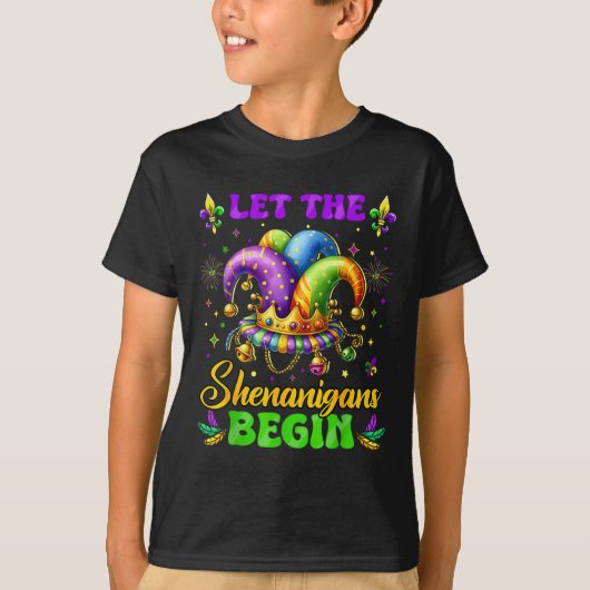 シェナニ人にマルディグラスシャツマンを始めさせる Tシャツ (正面)