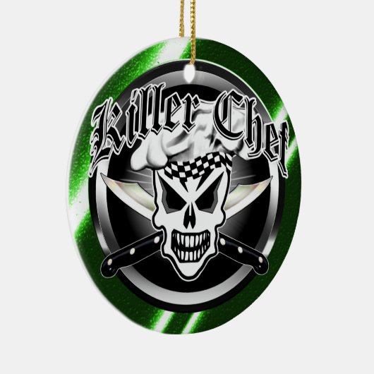 シェフのスカルおよび交差させたシェフのナイフ2 セラミックオーナメント (右)