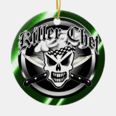 シェフのスカルおよび交差させたシェフのナイフ2 セラミックオーナメント (正面)