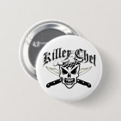 シェフのスカルおよび交差させたシェフのナイフ2 缶バッジ (正面&裏面)