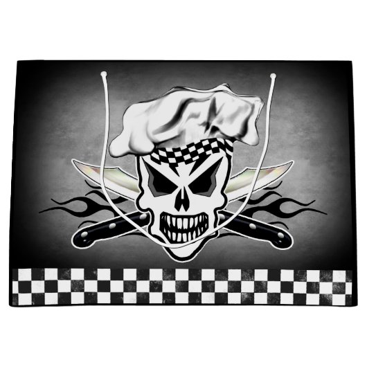 シェフのスカルおよび燃えるようなシェフのナイフ2 ラージペーパーバッグ (正面)