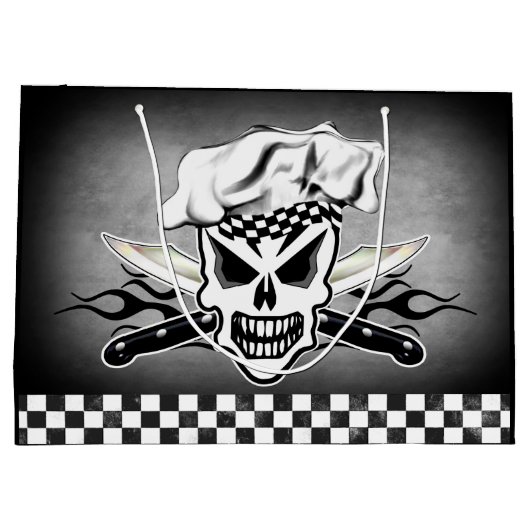 シェフのスカルおよび燃えるようなシェフのナイフ2 ラージペーパーバッグ (裏面)