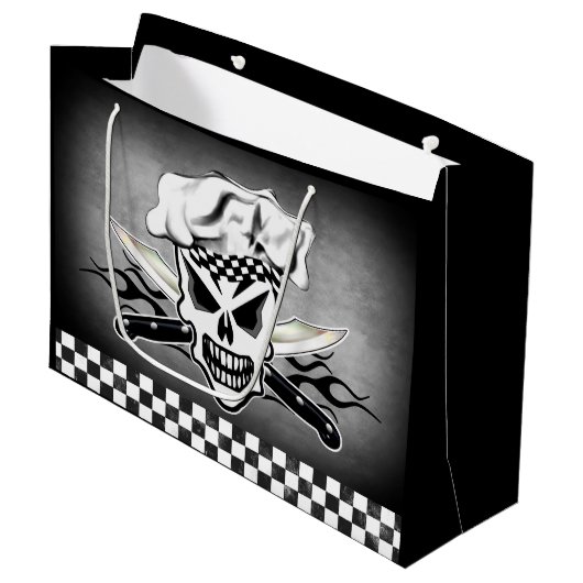 シェフのスカルおよび燃えるようなシェフのナイフ2 ラージペーパーバッグ (正面アングル)