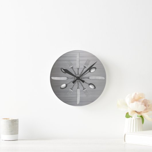 シェフの台所道具フェイクな金属の鋼鉄 ラウンド壁時計 (ホーム)