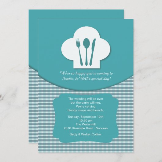 シェフの帽子(ティール（緑がかった色）)のポストの結婚式のブランチの招待状 招待状 (正面/裏面)