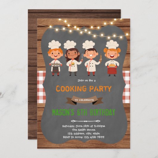シェフの料理と焼き菓子の誕生日テーマ 招待状 (正面/裏面)