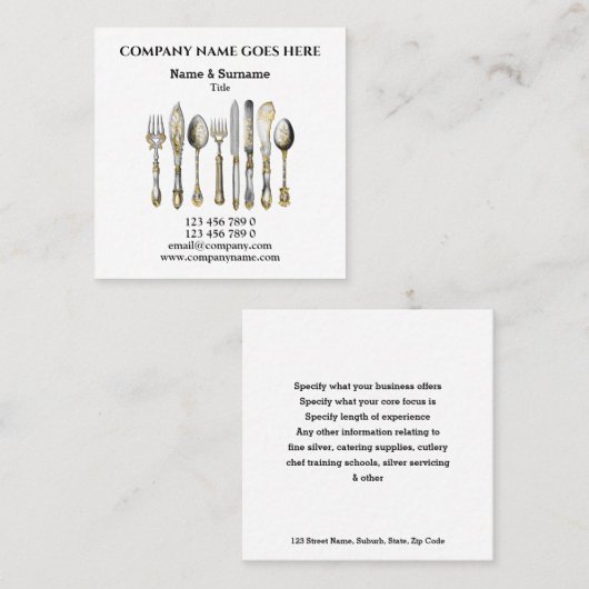 シェフの私用ケータリングサービス金ゴールドの食事用器具類セット スクエア名刺 (正面/裏面)