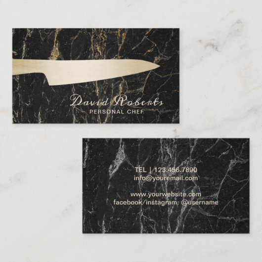 シェフの金ゴールドのナイフのケータリングのモダンで黒い大理石 名刺 (正面/裏面)