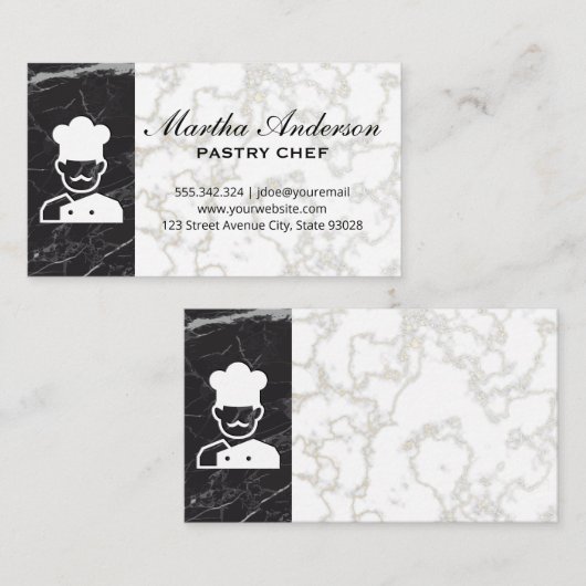 シェフアイコン |金ゴールド白大理石 |黒い大理石 名刺 (正面/裏面)