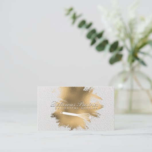 シェフウィスク | 金箔スパッタ | 白のテクスチャ 名刺 (スタンド正面)