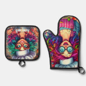 シェフカラフル熱狂する調理師、キッチンギフト 鍋つかみ&鍋敷きセット (正面)