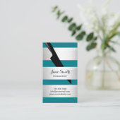 シェフナイフモダンシルバー&ティール(緑がかった色)ストライプケータリング 名刺 (スタンド正面)