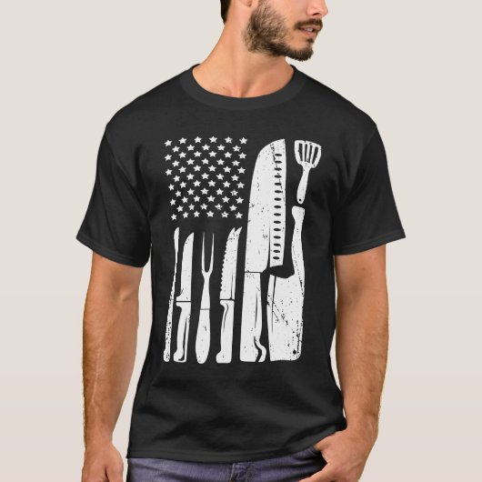 シェフナイフ国旗USA愛国的調理師国旗 Tシャツ (正面)