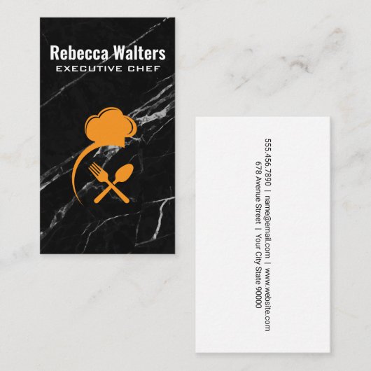 シェフハットとシルバーウェア |黒い大理石 名刺 (正面/裏面)