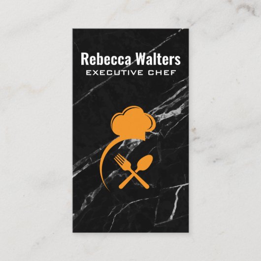 シェフハットとシルバーウェア |黒い大理石 名刺 (正面)
