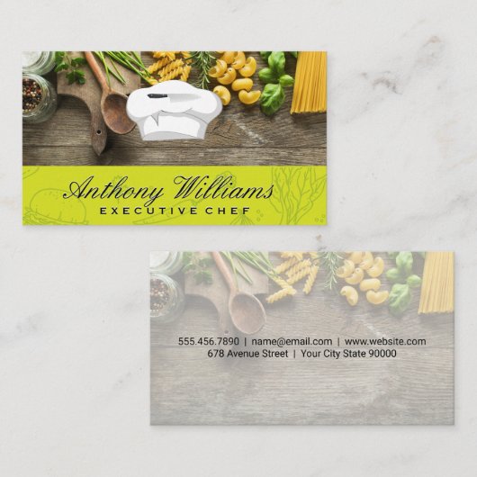 シェフハットとナイフ | Wooden Table of Pastas 名刺 (正面/裏面)