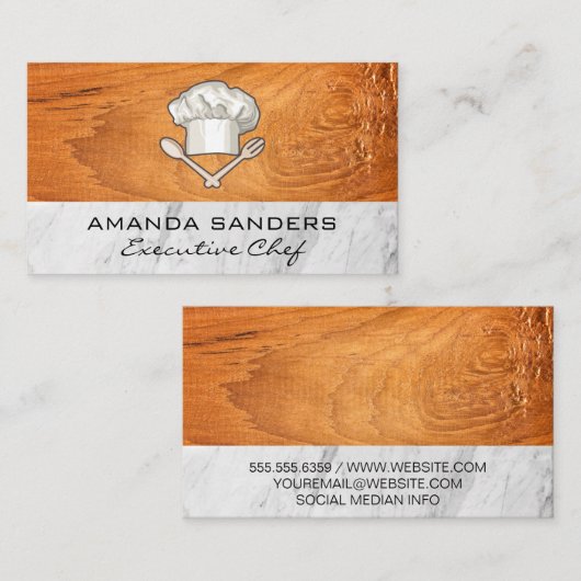 シェフハットスプーンフォーク |木製大理石 名刺 (正面/裏面)