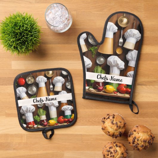 シェフハットパーソナライズされた 鍋つかみ&鍋敷きセット (トップダウン)