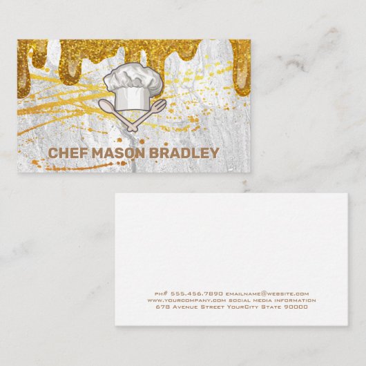シェフハット | 金ゴールド(ばちゃばちゃ)跳ねる | 金ゴールドグリッター滴 名刺 (正面/裏面)