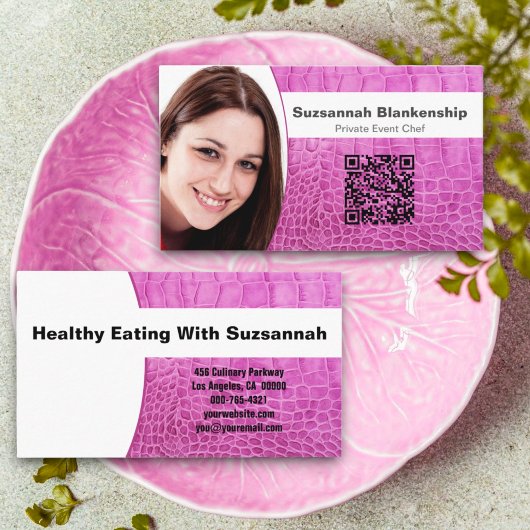 シェフピンクレザーテクスチャカスタムフォトQRコード 名刺