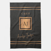 シェフモノグラムのネーム黒パーソナライズされた金ゴールド キッチンタオル (縦)