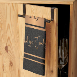 シェフモノグラムのネーム黒パーソナライズされた金ゴールド キッチンタオル