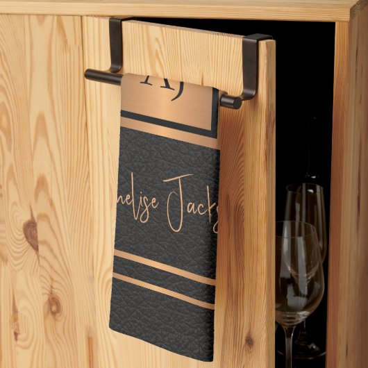 シェフモノグラムのネーム黒パーソナライズされた金ゴールド キッチンタオル (三つ折り)