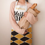 シェフ名パーソナライズされた黒オレンジ市松模様に色 エプロン<br><div class="desc">MASTER CHEFタイポグラフィスクリプトでエレガント、オレンジ色の桃、白、黒のエプロン全体の幾何学的なモザイク舗装のスタイルパターン（の模様が）あるプリントはっきりした。           あなたの名前でパーソナライズすることができる。        料理愛好家やマスターシェフ – 夫、友人、婚約者、または従業員のための素敵な贈り物になることができる。</div>