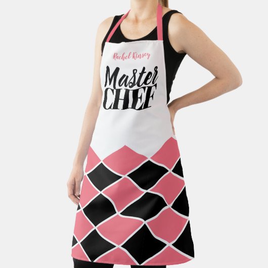 シェフ名パーソナライズされた黒赤市松模様に エプロン (インサイチュ)