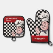 シェフ白黒チェッカーボードレッドファミリーキッチン 鍋つかみ&鍋敷きセット (正面)