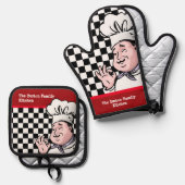 シェフ白黒チェッカーボードレッドファミリーキッチン 鍋つかみ&鍋敷きセット (正面/裏面)