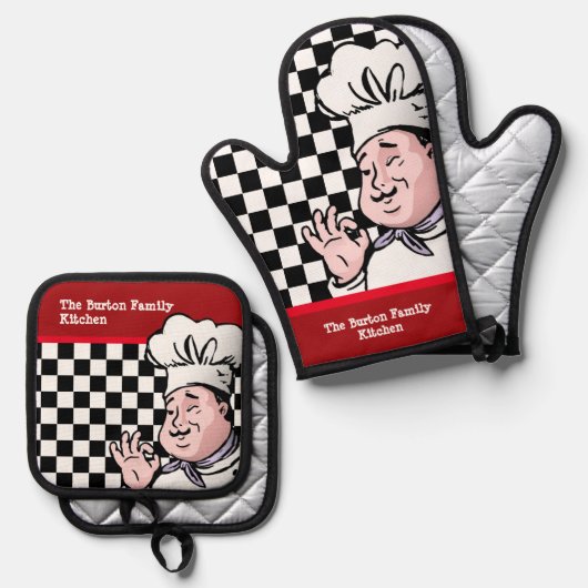 シェフ白黒チェッカーボードレッドファミリーキッチン 鍋つかみ&鍋敷きセット (正面/裏面)