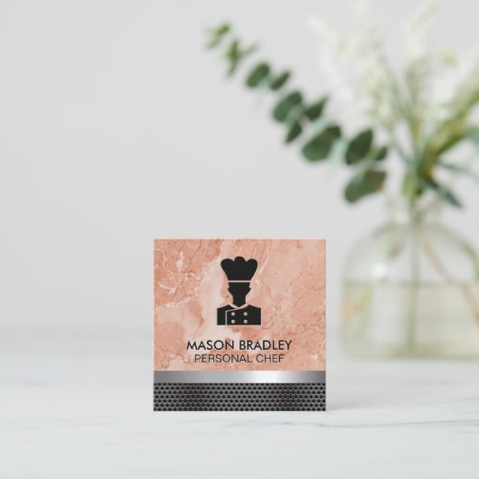 シェフ |オレンジ大理石 |金属トリム スクエア名刺 (スタンド正面)