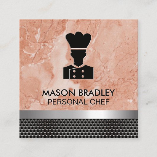 シェフ |オレンジ大理石 |金属トリム スクエア名刺 (正面)