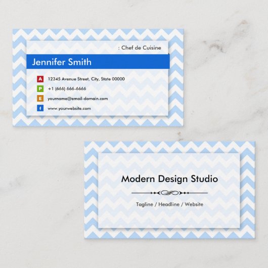 シェフ・ド・キュイジーヌ - モダン ブルー シェブロン 名刺 (正面/裏面)
