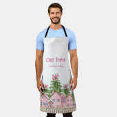 シェフ(名前)ピンクビレッジボウツリークリスマスエプロン エプロン (着用した状態)