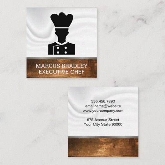 シェフ |絹のカーテン |木材の背景 スクエア名刺 (正面/裏面)