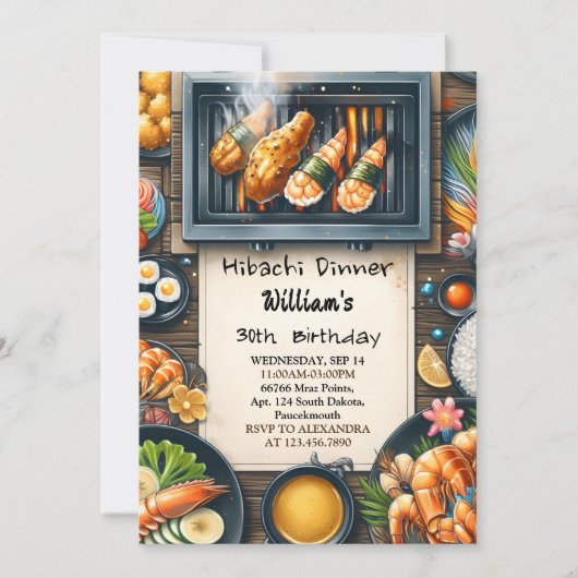 シェフBbqすし日本のひばち40歳の誕生日 招待状 (正面)