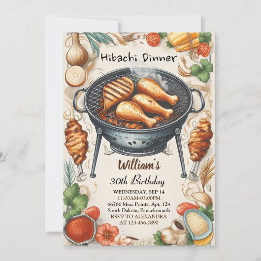 シェフBbq日本の寿司火鉢30歳の誕生日 招待状 (正面)