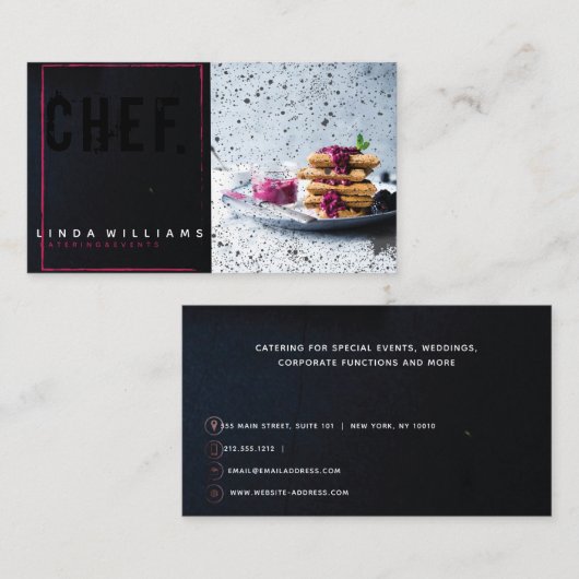 シェフIケータリングモダンブラックピンクプロフェッショナル 名刺 (正面/裏面)