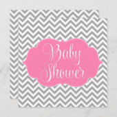 シェブロモダンンピンクグレーの女の子ベビーシャワー 招待状 (正面/裏面)