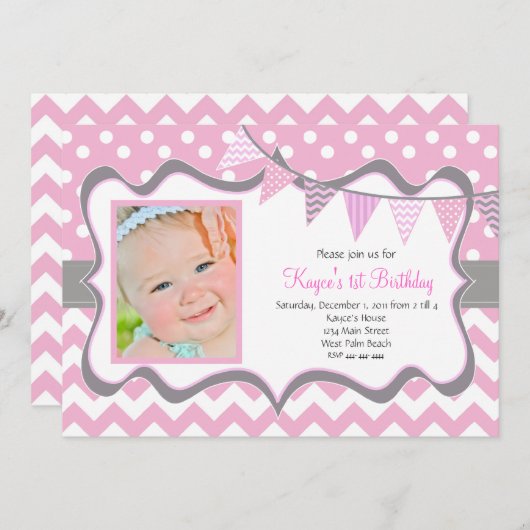 シェブロンとドットのペンダント 誕生日招待状 招待状 (正面/裏面)