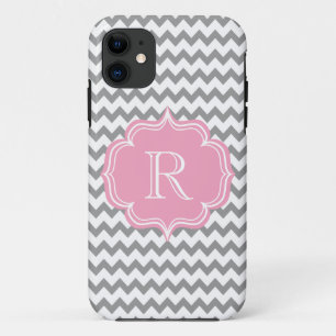 シェブロンのすべての女の子のシックなピンクおよび灰色のモノグラム iPhone 11 ケース