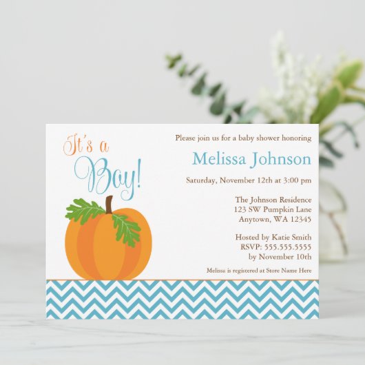 シェブロンのカボチャ秋の男の子のベビーシャワーの招待状 招待状 (スタンド正面)