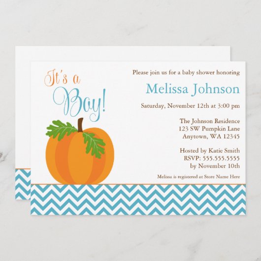 シェブロンのカボチャ秋の男の子のベビーシャワーの招待状 招待状 (正面/裏面)