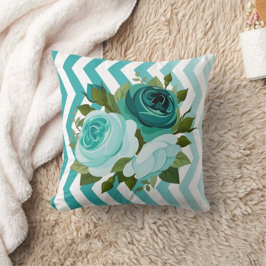 シェブロンのグラデーションな花柄のばら色の花束|の水のティール（緑がかった色） クッション (ブランケット)